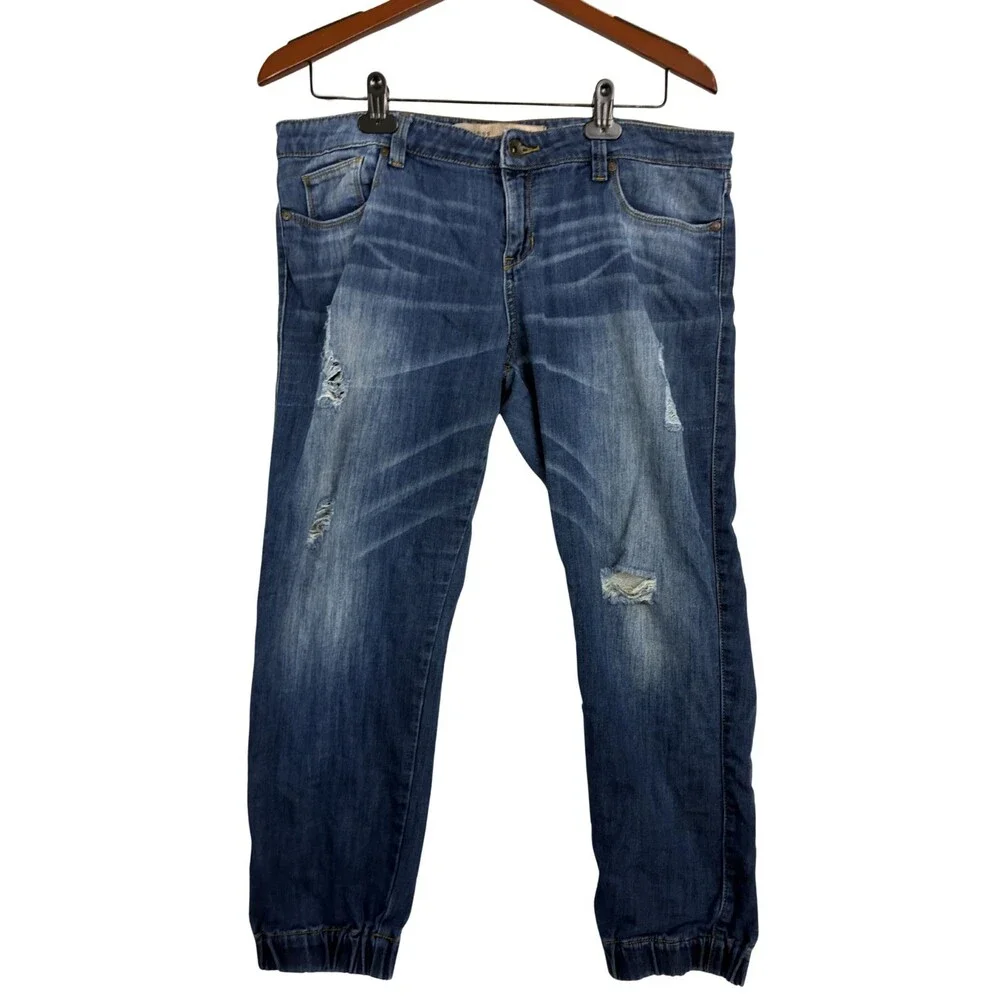 GUESS Men's Distressed Blue Denim Jogger Jeans Size 31 Stretch Tapered Cuffed
